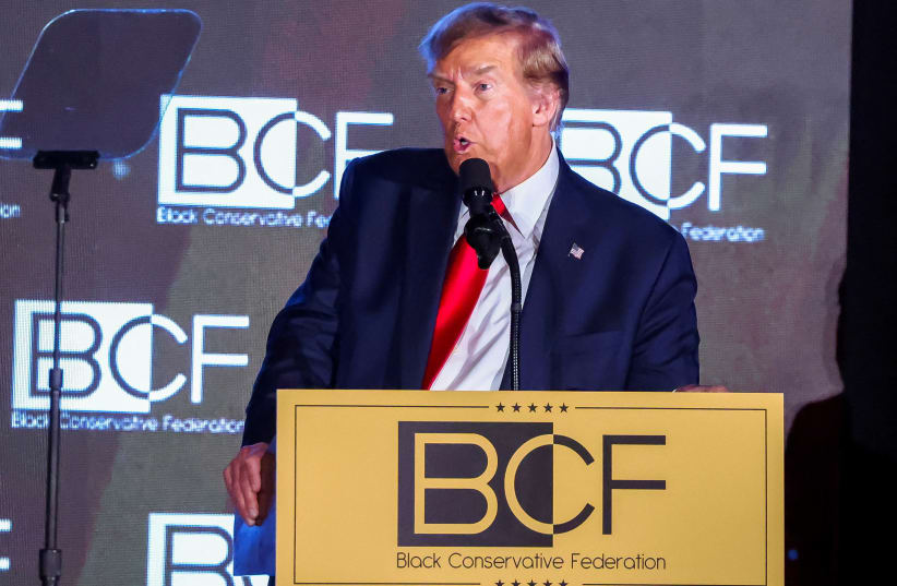  Republican presidential candidate and former U.S. President Donald Trump delivers a keynote speech at the Black Conservative Federation gala dinner, ahead of the South Carolina Republican presidential primary in Columbia, South Carolina, U.S., February 23, 2024 (photo credit: Alyssa Pointer/Reuters)