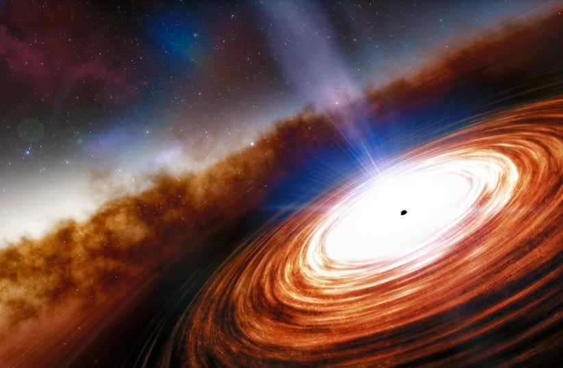  Una ilustración artística de un cuásar y un agujero negro supermasivo del universo primitivo. (photo credit: Wikimedia Commons)