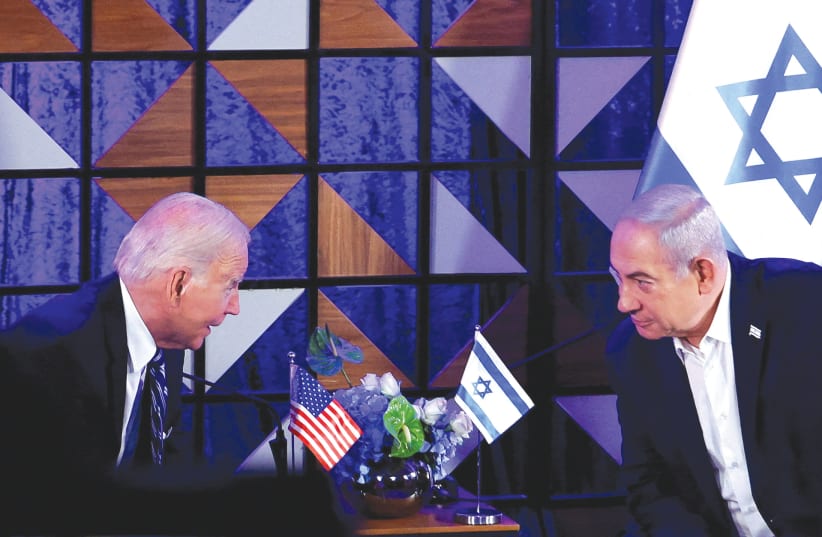  PRIME MINISTER Benjamin Netanyahu meets with US President Joe Biden in Tel Aviv in October. (photo credit: EVELYN HOCKSTEIN/REUTERS)