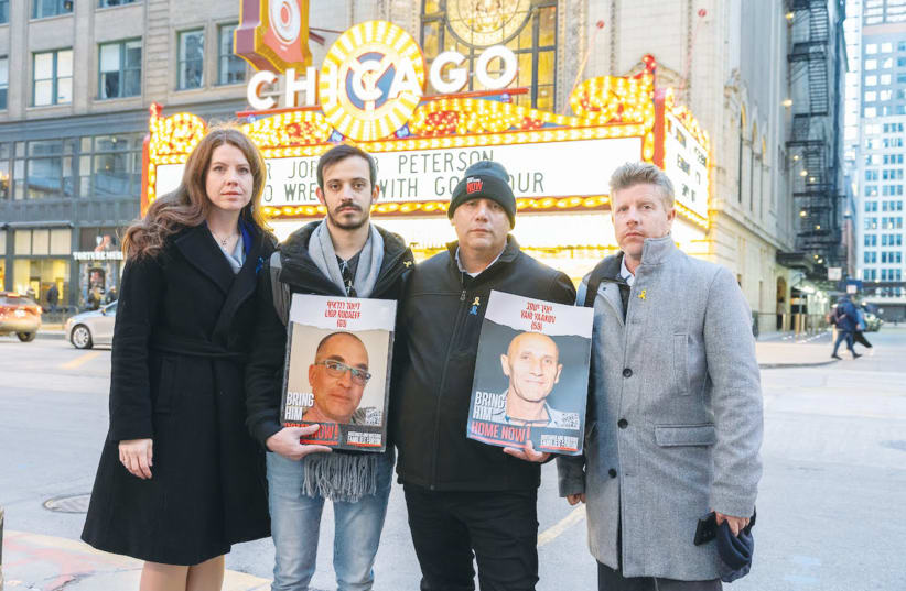  FROM LEFT: AJC assistant director Susan Evans, Bar Rudaeff, Yaniv Yaakov, and the writer venture into the heart of Chicago, advocating for the release of Israeli hostages. (photo credit: Lynn Persin)