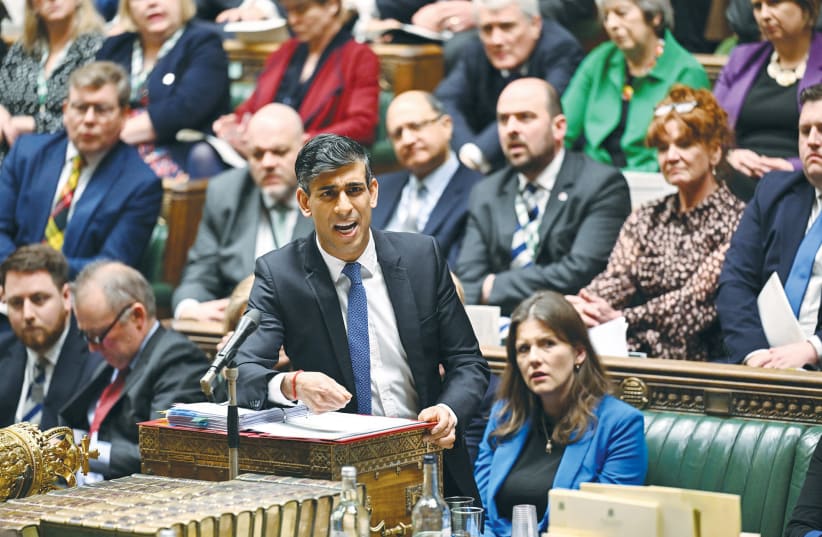  BRITISH PRIME Minister Rishi Sunak speaks during Prime Minister’s Questions, at the House of Commons, last month. Cowering to the pressure of Islamist extremist mobs, MPs are no longer voting for what they know to be right, the writer argues.  (photo credit: UK Parliament/REUTERS)