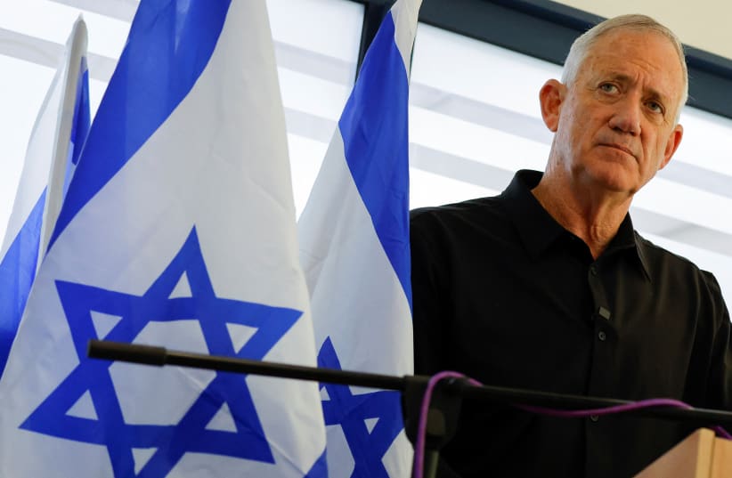  Defence Minister of Israel Benny Gantz speaks during a press conference, amid the ongoing conflict between Israel and Palestinian Islamist group Hamas, in Shlomi, Israel November 9, 2023. (photo credit: Alexander Ermochenko/Reuters)