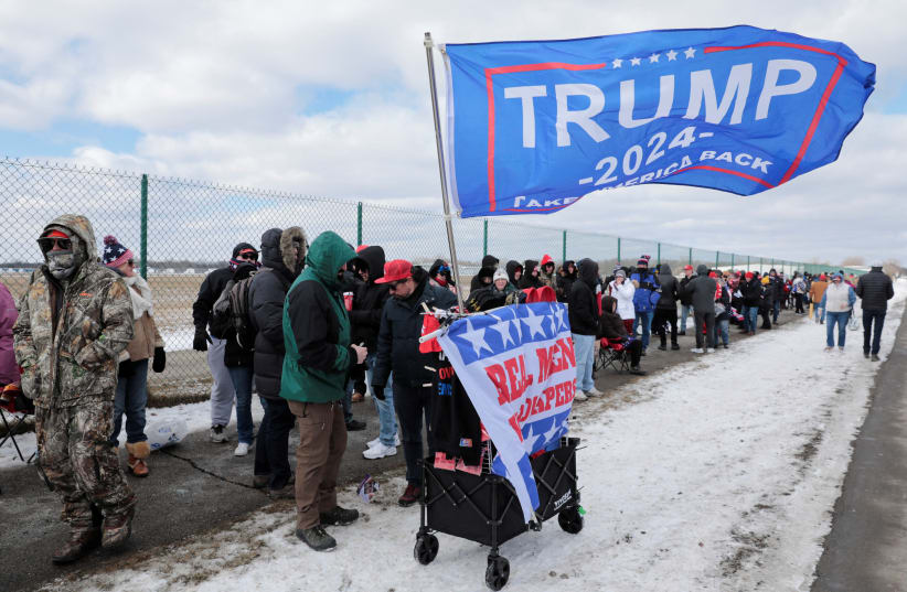  Supporters attend a campaign rally for former U.S. President Donald Trump in Waterford Township, Michigan, US, February 17, 2024. (photo credit: REUTERS/REBECCA COOK)