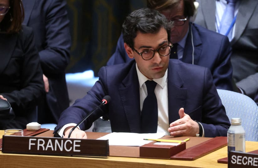  French Foreign Minister Stephane Sejourne speaks during a United Nations Security Council meeting ahead of the 2nd anniversary of the Russian invasion of Ukraine, at the U.N. headquarters in New York, U.S., February 23, 2024. (photo credit: Mike Segar/Reuters)