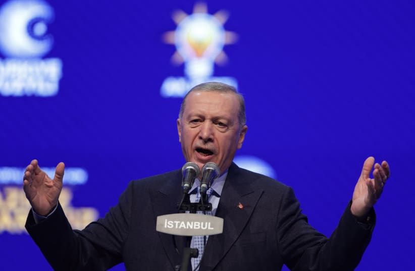  Turkish President Tayyip Erdogan speaks to announce Murat Kurum as his ruling Justice and Development Party (AK Party) candidate in Istanbul's mayoral election in March, in Istanbul, Turkey January 7, 2024. (photo credit: MURAD SEZER/REUTERS)
