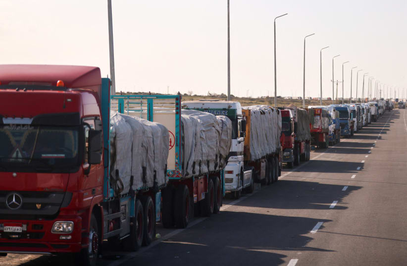  Trucks carrying aid line up near the Rafah border crossing between Egypt and the Gaza Strip, amid the ongoing conflict between Israel and Palestinian Islamist group Hamas, in Rafah, Egypt, February 1, 2024. (photo credit: MOHAMED ABD EL GHANY/REUTERS)