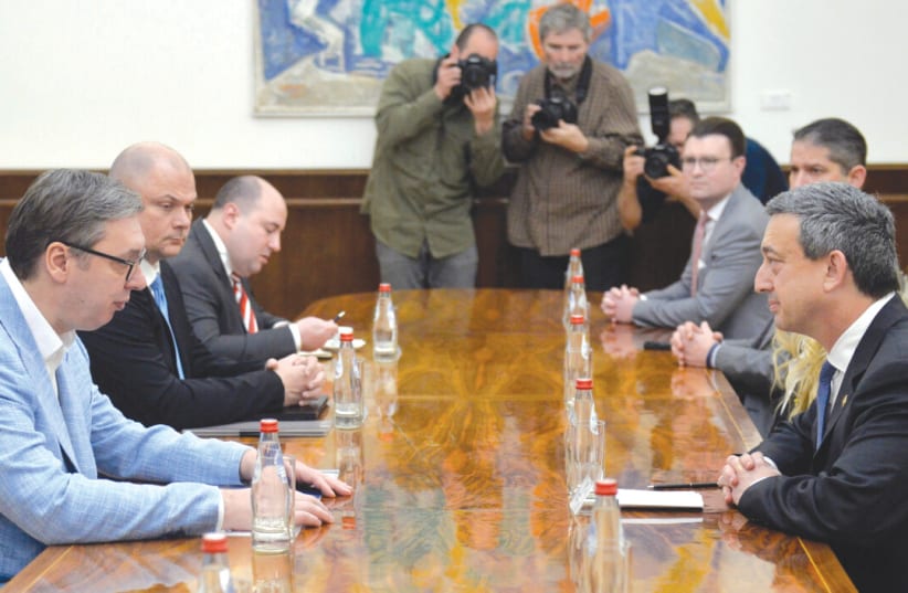  SERBIA’S PRESIDENT Aleksandar Vucic (front left) meets with an AIPAC delegation led by its president, Michael Tuchin. (photo credit: RADE PRELIC/TANJUG)