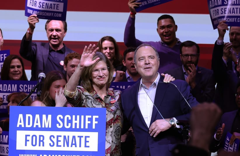  Democratic Senate candidate U.S. Rep. Adam Schiff and his wife Eve Schiff greet supporters during his California primary election night gathering at The Avalon in Los Angeles, March 05, 2024. (photo credit: JUSTIN SULLIVAN/GETTY IMAGES)