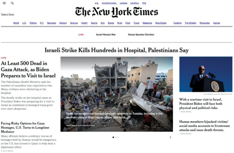 A screenshot of the New York Times report on the Gaza hospital bombing. (photo credit: screenshot)