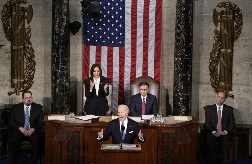 US President Joe Biden delivers the State of the Union address to a joint session of Congress in the House Chamber of the US Capitol in Washington, US, March 7, 2024. (photo credit: REUTERS/ELIZABETH FRANTZ)