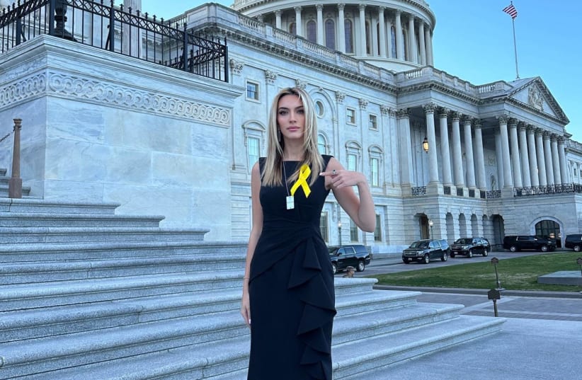  Israel advocate and social media personality Emily Austin attended the State of the Union address wearing a dress adorned with yellow ribbons to show solidarity with the Gaza hostages. (photo credit: EMILY AUSTIN)