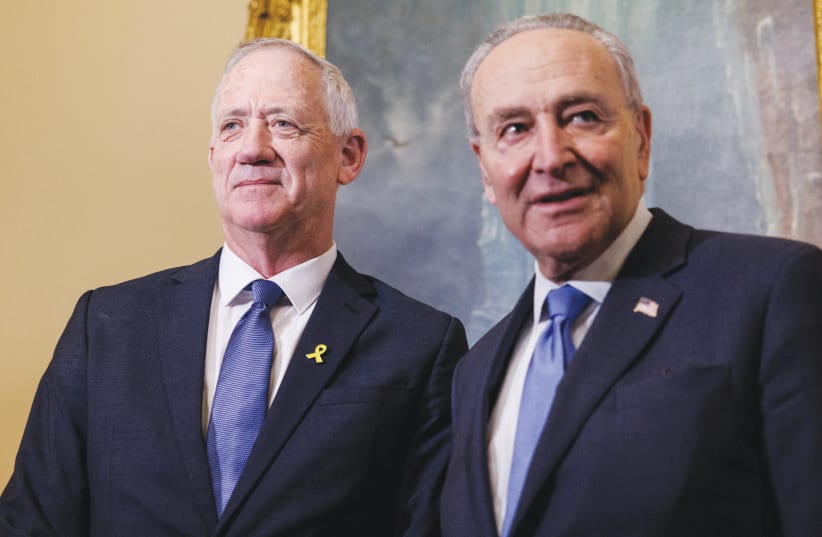  WAR CABINET minister Benny Gantz meets with US Senate Majority Leader Chuck Schumer on Capitol Hill, last week. The writer asks: Can Israel make its case to Democratic supporters in a less strident tone, showing more flexibility, transparency, and a willingness for pragmatism? (photo credit: REUTERS/Anna Rose Layden)