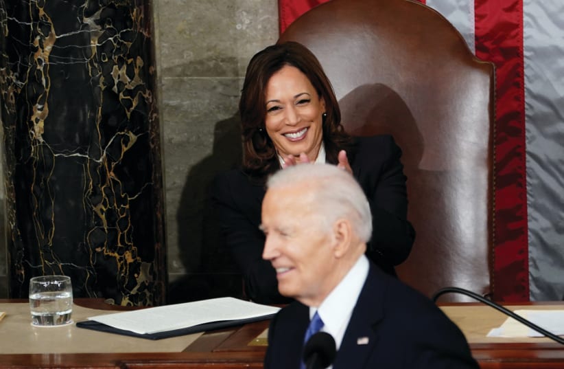  US VICE PRESIDENT Kamala Harris applauds as President Joe Biden delivers the State of the Union Address, last week. Too many people are having a hard time correctly interpreting criticism leveled by liberals throughout the world against our government’s policies, the writer argues (photo credit: KEVIN LAMARQUE/REUTERS)