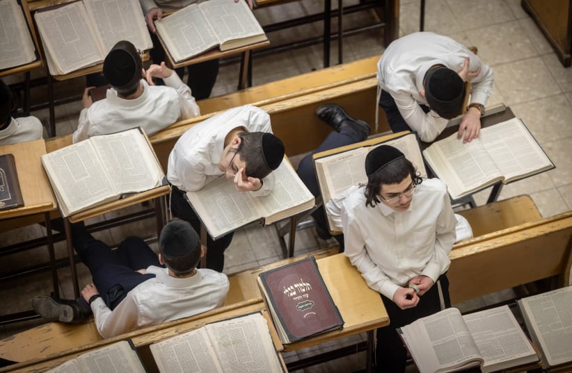  Ultra orthodox students seen at the Ponovitz Yeshiva in Bnei Brak, February 27, 2024.  (photo credit: CHAIM GOLDBEG/FLASH90)