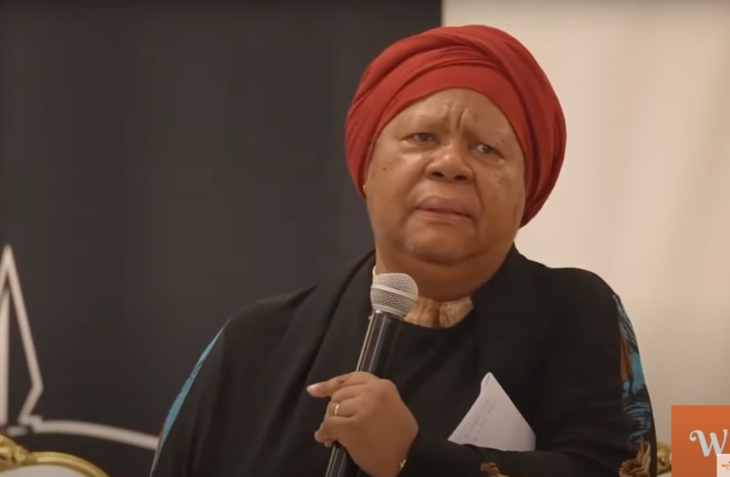 South African Minister of International Relations and Cooperation Naledi Pandor speaks about the Israel-Hamas war at an event in Gauteng, South Africa, March 2024. (photo credit: SCREENSHOT VIA YOUTUBE)
