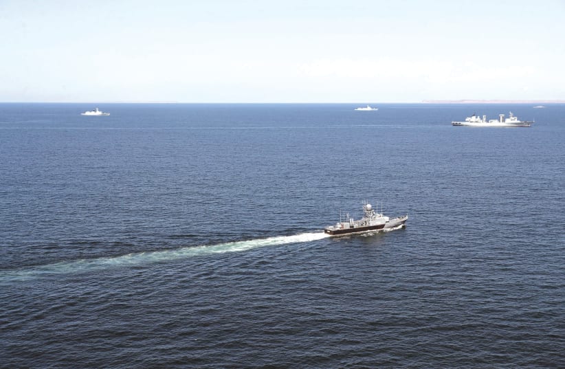 WARSHIPS PARTICIPATE IN the ‘Maritime Security Belt 2024’ naval exercise held by  Russia, China and Iran in the Gulf of Oman this week.  (photo credit: Iranian Army/West Asia News Agency/via Reuters)