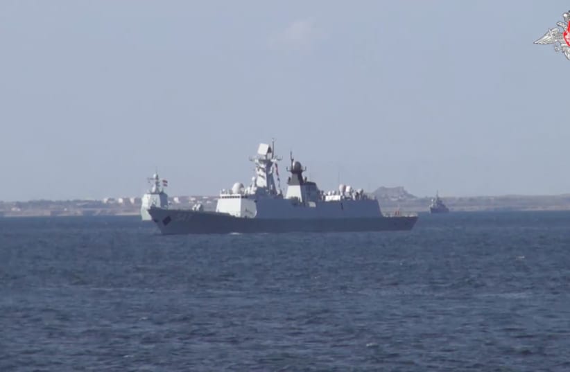  A view shows the Chinese Navy frigate Linyi during the Maritime Security Belt 2024 international naval exercise of Russia, China and Iran in the Gulf of Oman, in this still image taken from video released March 12, 2024. (photo credit: Russian Defence Ministry/Handout via REUTERS)
