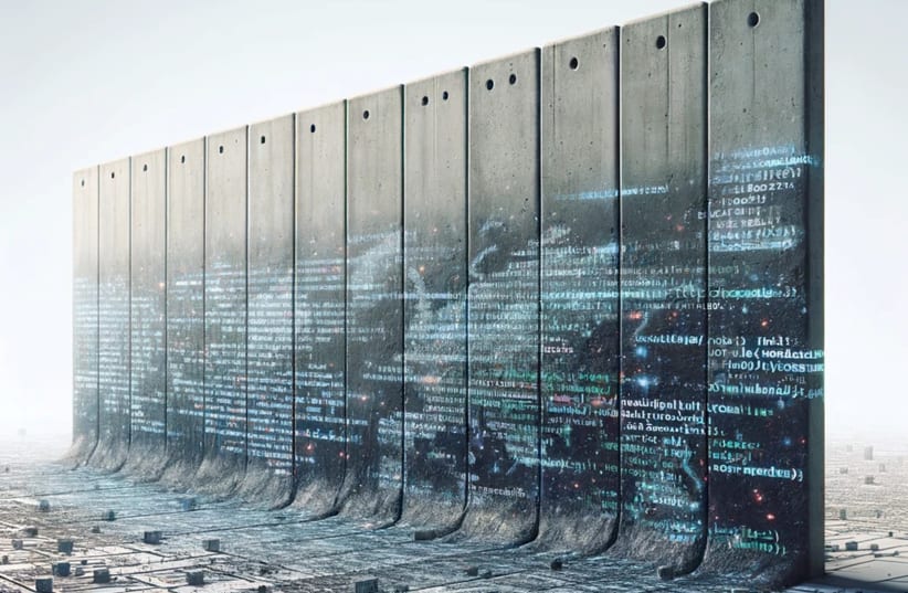  An illustrative photo of a security wall with computer code on it, reflecting IDF intelligence and the Gaza Strip. (photo credit: Jerusalem Post Staff/AI)