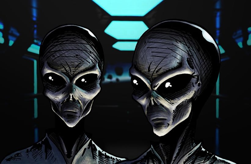  Un dibujo de dos alienígenas grises. (photo credit: Wikimedia Commons)