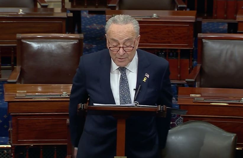 US Senate Majority Leader Chuck Schumer speaks about the Israeli-Palestinian conflict on the Senate floor, March 14, 2024. (photo credit: PUBLIC DOMAIN)
