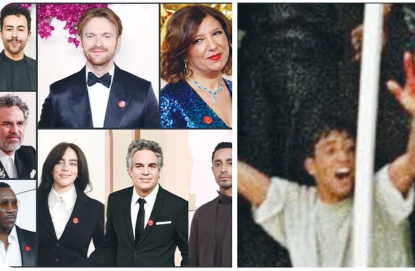  BILLIE EILISH, Mark Ruffalo, Ramy Youssef, and others wore a pin of a red hand at the Oscars (left), failing to understand that the red hand is a symbol of the red hands of Aziz Salha after he killed two Jews in a lynching in Ramallah in 2000 (right.) (photo credit: LESLIE KAJOMOVITZ/X)