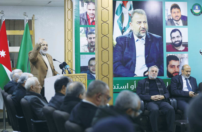  Abdul Hamid Thunaibat of the Muslim Brotherhood in Jordan addresses a gathering to pay condolences after the killing of Hamas deputy leader Saleh al-Arouri, at the headquarters of Jordan's Islamic Action Front, in Amman, in January. (photo credit: REUTERS/ALAA AL SUKHNI)