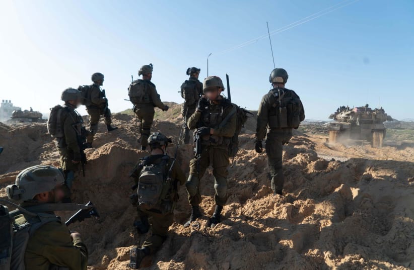  Soldiers from the 7th Armored Brigade combat team operate in the Hamad area, west of Khan Yunis in the Gaza Strip, March 15, 2024 (photo credit: IDF SPOKESPERSON'S UNIT)