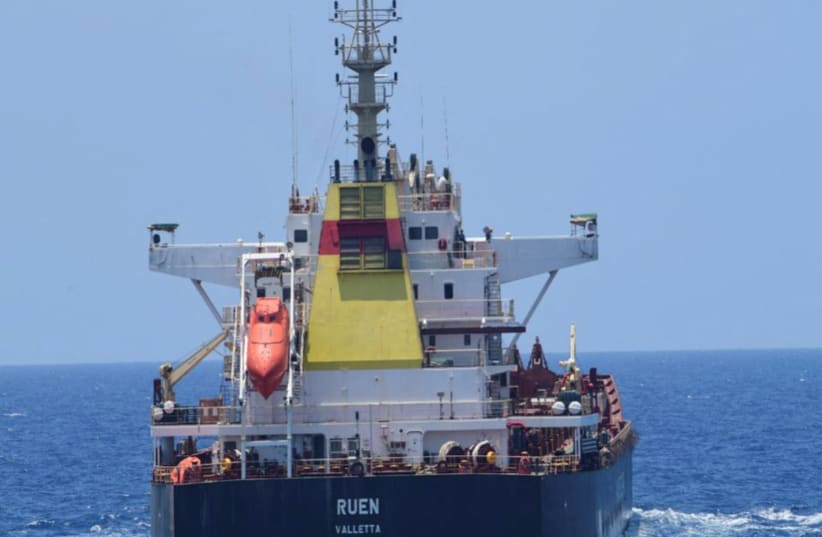 The Maltese-flagged bulk cargo vessel Ruen seized by Somali pirates, which was intercepted by the Indian Navy, is pictured at sea, in this handout photo released on March 16, 2024. (photo credit: VIA REUTERS)
