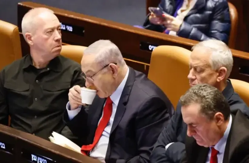  Benjamin Netanyahu, Benny Gantz, Yoav Galant, Israel Katz. The meeting on increasing the budget, March 2024  (photo credit: Mark Israel Salem)