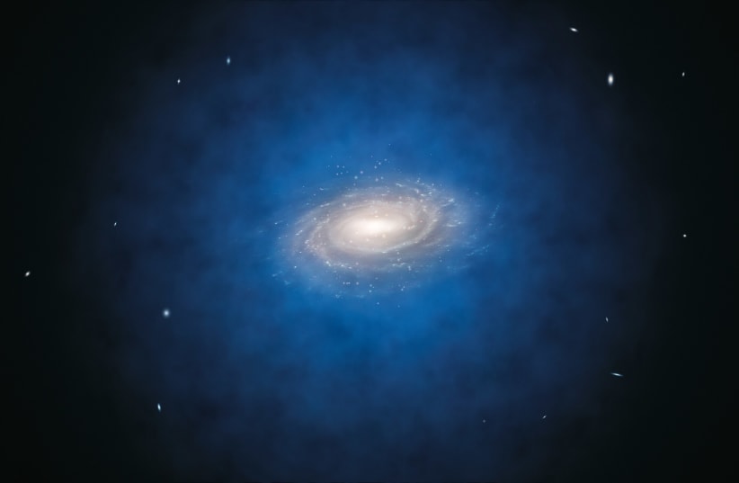  An artist’s impression shows the Milky Way galaxy. The blue halo of material surrounding the galaxy indicates the expected distribution of the mysterious dark matter. (photo credit: Wikimedia Commons)