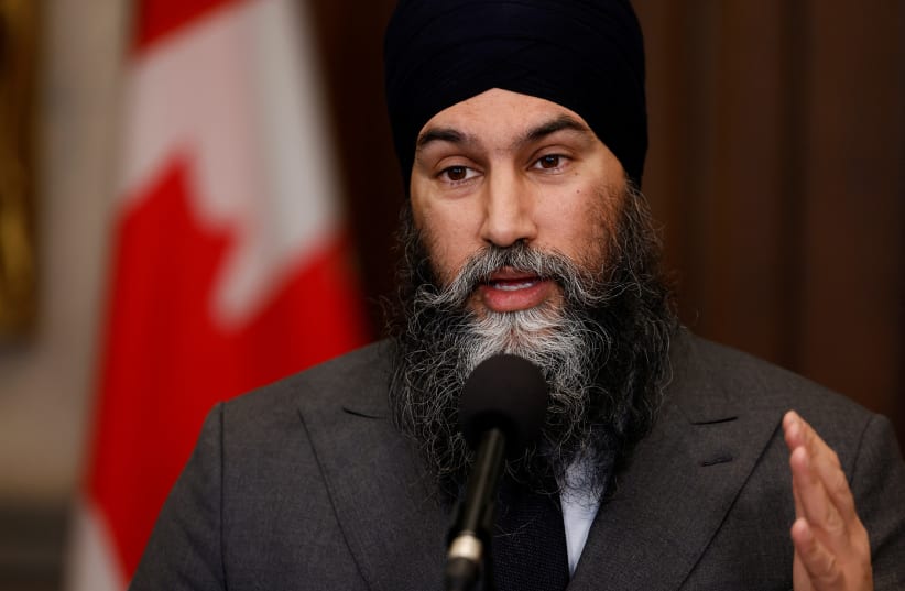  Canada's New Democratic Party leader Jagmeet Singh speaks to journalists before Question Period in the House of Commons on Parliament Hill in Ottawa, Ontario, Canada February 26, 2024. (photo credit: REUTERS/BLAIR GABLE)