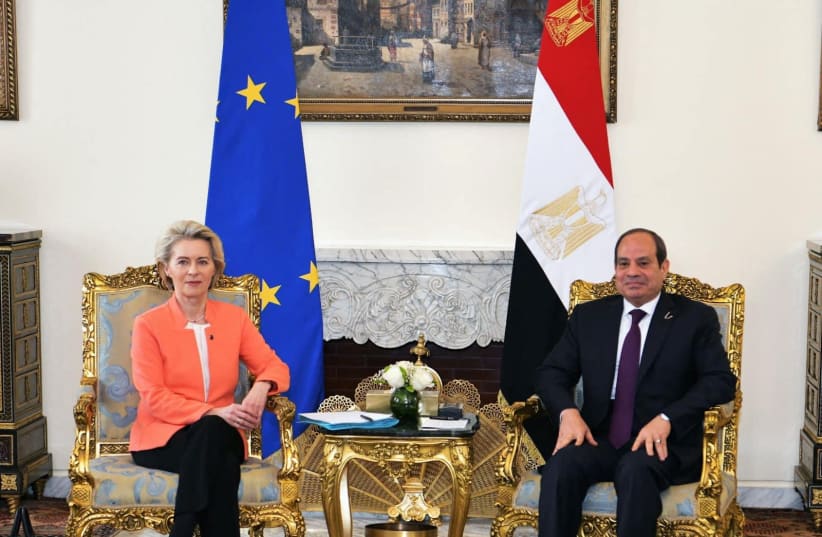  Egyptian President Abdel Fattah al-Sisi meets with European Commission President Ursula von der Leyen at the Ittihadiya presidential palace in Cairo, Egypt, March 17, 2024, in this handout picture courtesy of the Egyptian Presidency (photo credit: THE EGYPTIAN PRESIDENCY/HANDOUT VIA REUTERS)