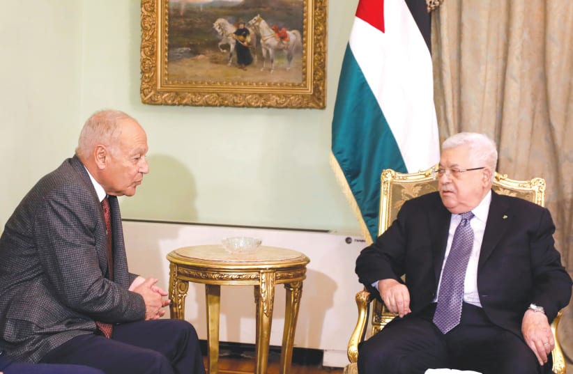  ARAB LEAGUE Secretary-General Ahmed Aboul Gheit meets with Palestinian Authority head Mahmoud Abbas in Cairo, in 2020. Even in the Netanyahu era, Abbas thwarted attempts to resolve the conflict no fewer than three times, the writer states.  (photo credit: MOHAMED ABD EL GHANY/REUTERS)