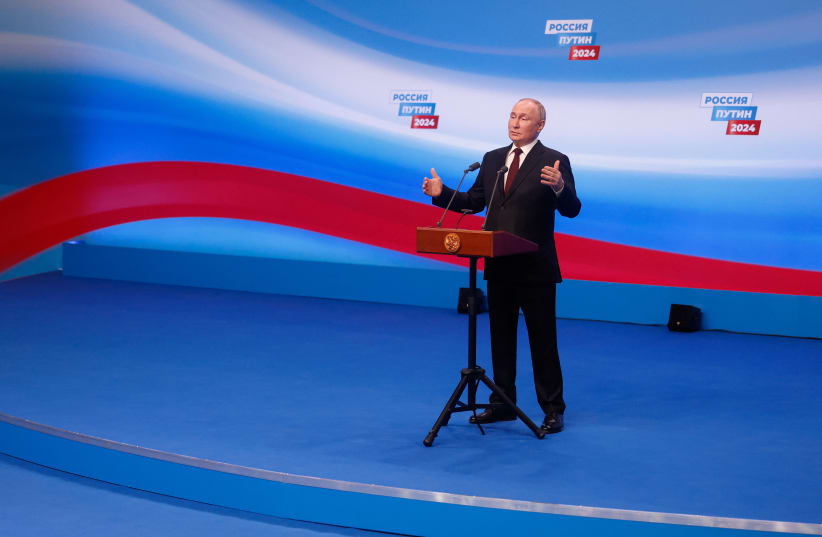 Russian presidential candidate and incumbent President Vladimir Putin speaks after polling stations closed, in Moscow, Russia, March 18, 2024. (photo credit: REUTERS/MAXIM SHEMETOV)