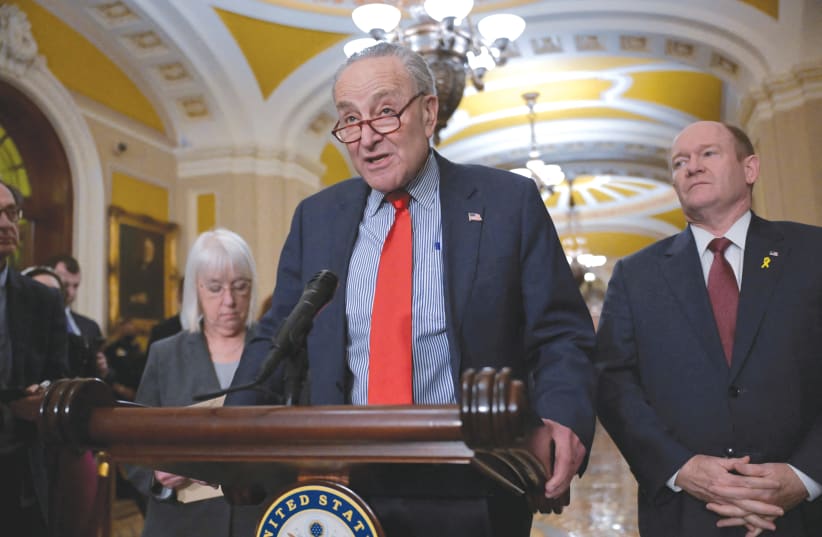  US SENATE Majority Leader Chuck Schumer speaks at a news conference on Capitol Hill, last week. (photo credit: Craig Hudson/Reuters)