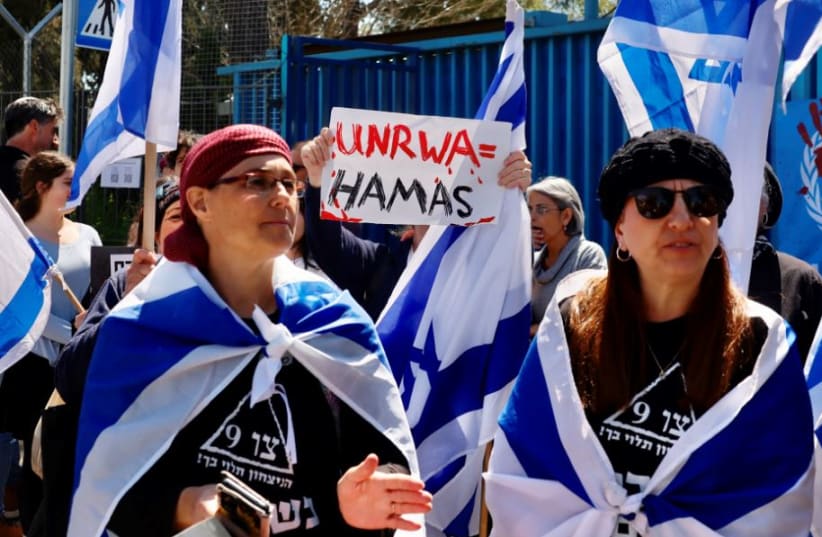  Tzav 9 protesters outside UNRWA offices in Jerusalem, March 20, 2024/ (photo credit: MARC ISRAEL SELLEM)