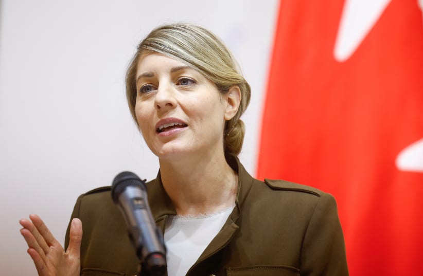 Canadian Foreign Minister Melanie Joly speaks during a joint press conference with Ukrainian counterpart Dmytro Kuleba, amid Russia's attack on Ukraine, in Kyiv, Ukraine February 2, 2024. (photo credit: REUTERS/VALENTYN OGIRENKO)