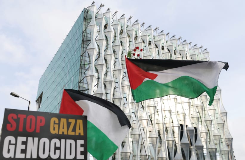  A PRO-PALESTINIAN protest takes place outside the US Embassy in London, earlier this month. Pro-Palestinian demonstrations occur regularly each weekend in the British capital, the writer notes. (photo credit: HOLLIE ADAMS/REUTERS)