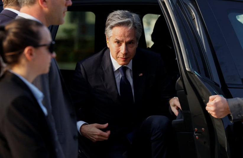  US Secretary of State Antony Blinken steps out of a car as he departs Jeddah for Cairo, Egypt, in Jeddah, Saudi Arabia March 21, 2024. (photo credit: REUTERS/EVELYN HOCKSTEIN)