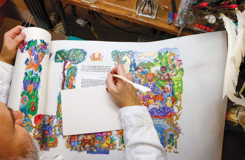  Avraham Borshevsky paints the intricate illustrations that accompany a master-level Scroll of Esther.  (photo credit: Courtesy Avraham Borshevsky)