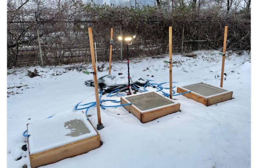  Researchers tested concrete slabs containing phase-change material that can warm themselves up when temperatures fall in order to melt off snow and ice. (photo credit: DREXEL UNIVERSITY)