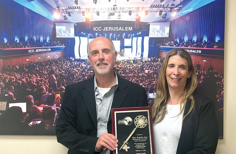  ICC Interim CEO Alex Alter (L) and vice president Rakefet Eliaz Iluz showcase the award presented to Iluz and the ICC by the Global Church Network in Feb. Christian organizations consistently put on major events at the center. (photo credit: MAAYAN JAFFE-HOFFMAN)