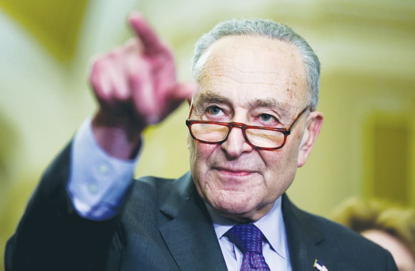 US SENATE Majority Leader Chuck Schumer (D-NY) speaks during a news conference on Capitol Hill, last week. (photo credit: Amanda Andrade-Rhoades/Reuters)