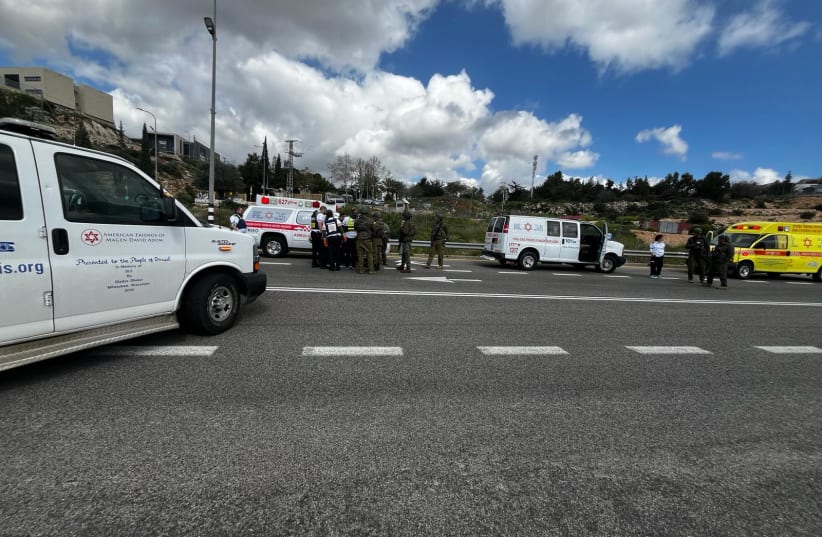  MAgen David Adom ambulances arrive at the scene of the shooting attack at the Parsa junction in the West Bank, March 22, 2024. (photo credit: MAGEN DAVID ADOM)