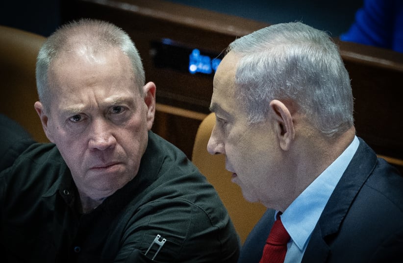  Israeli prime minister Benjamin Netanyahu and Israeli Minister of Defense Yoav Galant attend vote on the state budget at the assembly hall of the Knesset, the Israeli parliament in Jerusalem, March 13, 2024. (photo credit: YONATAN SINDEL/FLASH90)