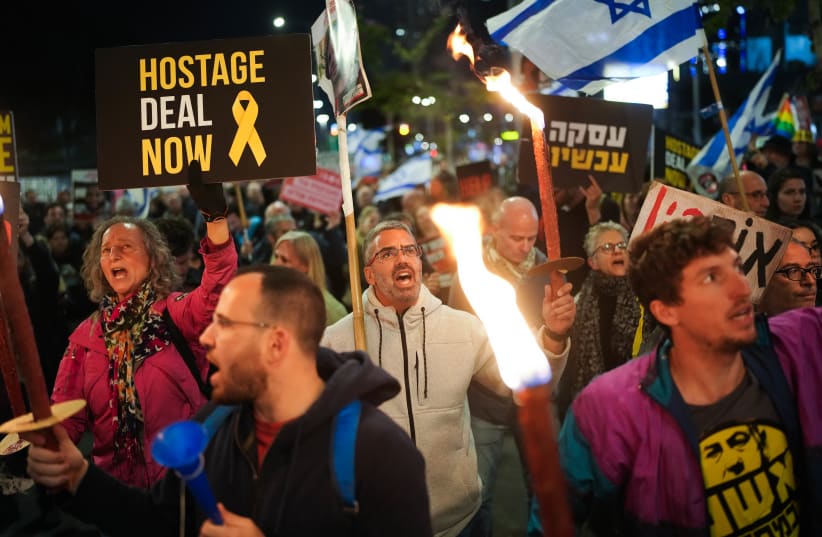  Demonstrators protest calling for the release of Israeli hostages in Tel Aviv, March 23, 2024 (photo credit: ERIK MARMOR/FLASH90)