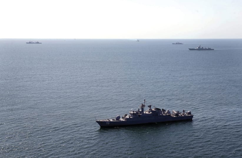  WARSHIPS PARTICIPATE in the ‘Maritime Security Belt 2024’ international naval exercise involving Russia, China, and Iran, in the Gulf of Oman earlier this month. (photo credit: IRANIAN ARMY/WANA/REUTERS)