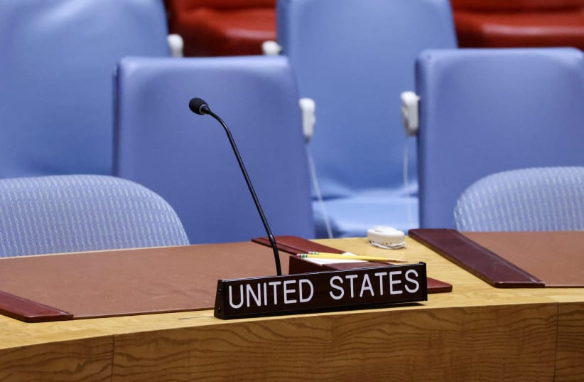  A general view shows a plate with United States, inside of the U.N. headquarters, on the day members of the United Nations Security Council vote on a Gaza resolution that demands an immediate ceasefire. March 25, 2024 (photo credit: Andrew Kelly/Reuters)