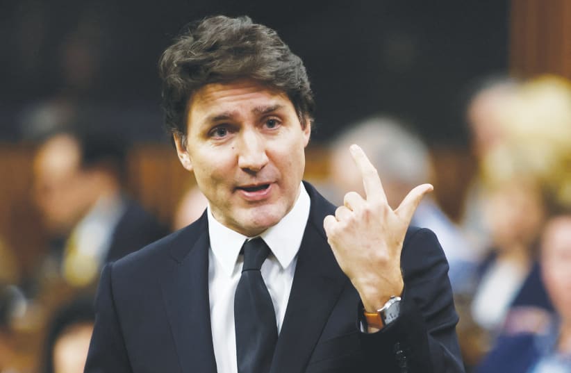  CANADA’S PRIME MINISTER Justin Trudeau speaks during Question Period in the House of Commons on Parliament Hill in Ottawa, last week. ‘Right now, I pity the some 400,000 Jews still living in Canada,’ says the writer.  (photo credit: REUTERS/BLAIR GABLE)