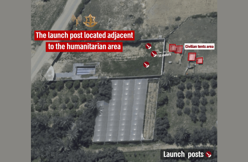  Infografía de las FDI que muestra los lanzacohetes de Hamás cerca de una zona humanitaria en el centro de Gaza. 25 de marzo de 2024 (photo credit: IDF SPOKESMAN’S UNIT)